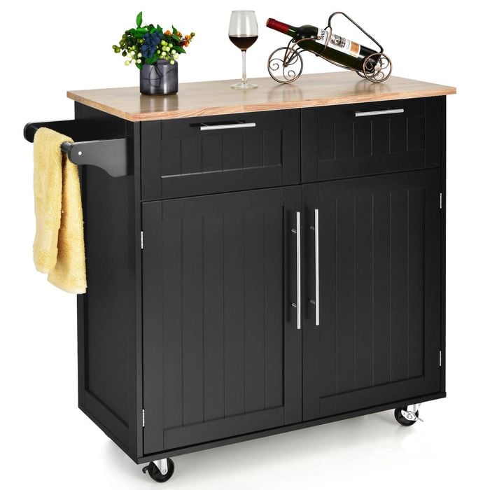 Costway Kitchen Island Trolley Serving Cart Rolling Storage Cabinet Black