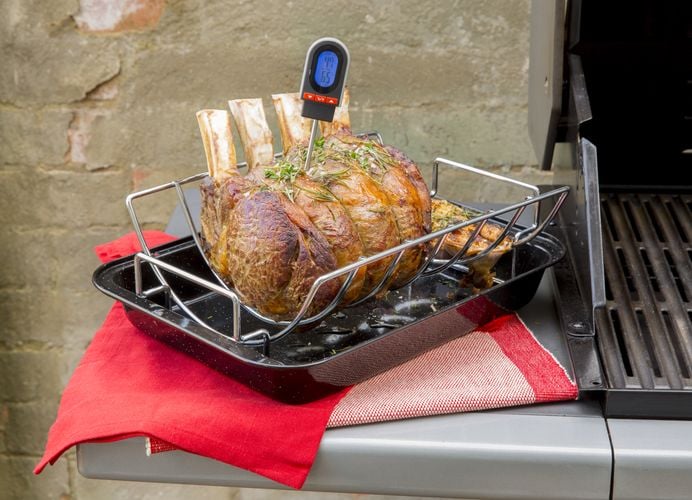Roast with meat thermometer protruding