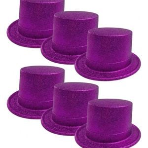 6x GLITTER TOP HAT Fancy Party Plastic Costume Tall Cap Fun Dress Up BULK Purple One Size