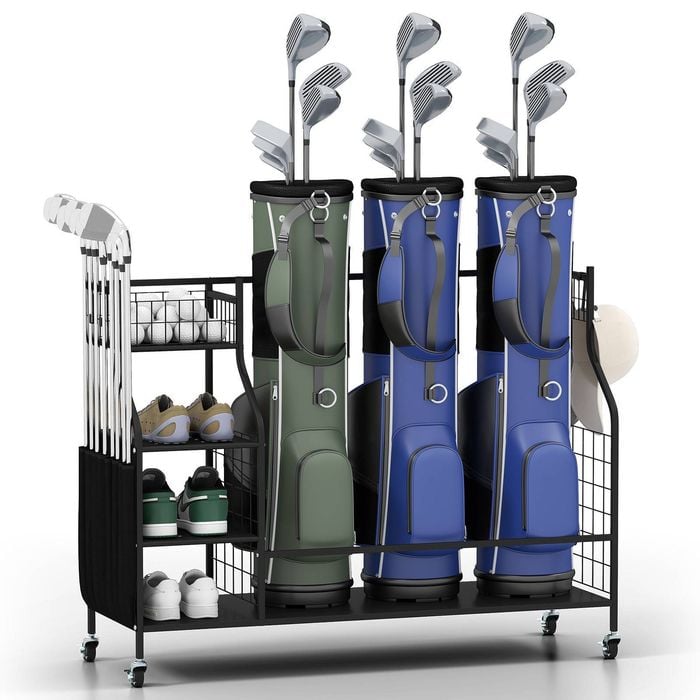 Costway Metal Golf Bag Storage Rack Organizer W/wheels