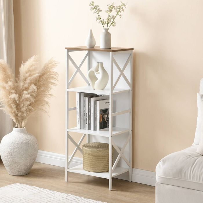 Homfurn 4 Tier Industrial Bookcase With Metal Frame And Backboard,narrow White Book Shelf,book Case For Small Spaces