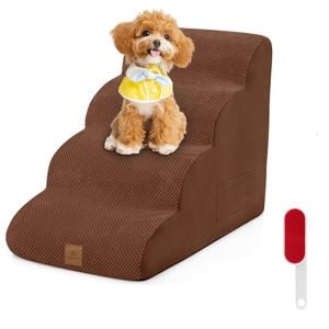 Costway 4-steps Dog Ramp Foam Pet Stair W/pet Hair Remover & Pocket Brown
