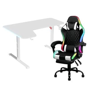 Advwin 140cm White Gaming Desk Rgb Led Light & Gaming Chair With Footrest Led Light White