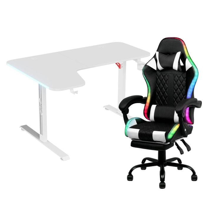 Advwin 140cm White Gaming Desk Rgb Led Light & Gaming Chair With Footrest Led Light White