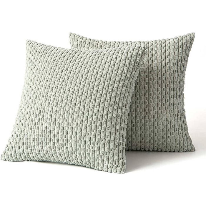 Catzon 2 Pcs Throw Pillow Covers Soft Striped Corduroy Cushion Case for Couch 45X45cm-Light Green