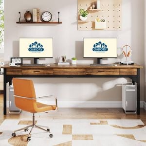 OAKORY 200cm Double Office Desk with Drawers & Hooks in Rustic Brown with Black Steel Frame