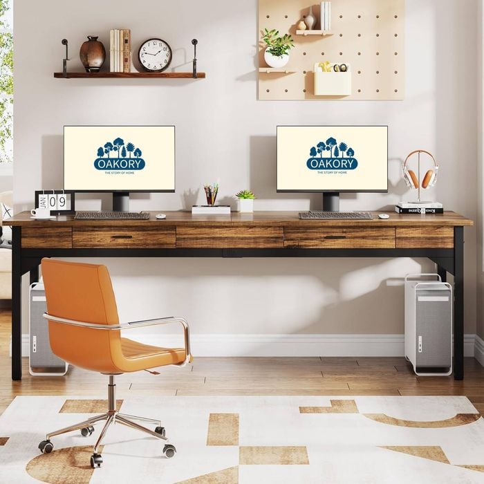 OAKORY 200cm Double Office Desk with Drawers & Hooks in Rustic Brown with Black Steel Frame