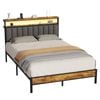 Advwin Queen Bed Frames with LED Lights and Charging Station, Upholstered Headboard with 2-Tier Shelves