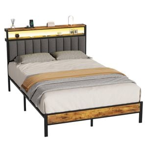 Advwin Queen Bed Frames with LED Lights and Charging Station, Upholstered Headboard with 2-Tier Shelves