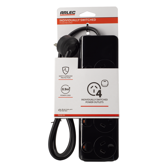 Arlec Black 4 Outlet Individually Switched Powerboard