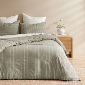 Dreamaker Rumi Washed Cotton Reversible Quilt Cover Set Olive with White Stripe Double Bed