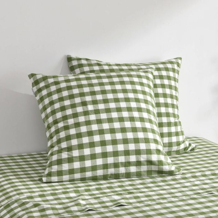 Dreamaker Lola Washed Cotton Yarn Dyed Gingham Euro Pillowcase Olive Twin Pack