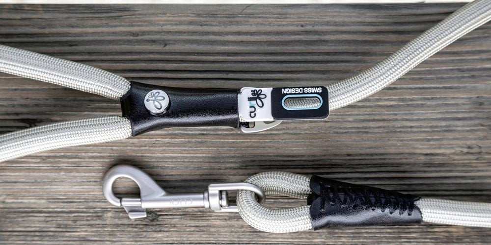 White lead with black stitching and handle