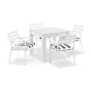 Hugo Outdoor 4 Seater Ceramic And Aluminium Dining Table White With Kansas Chairs & Navy Stripe Cushions