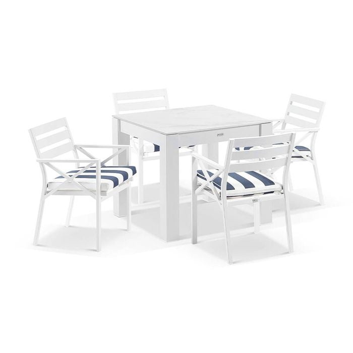 Hugo Outdoor 4 Seater Ceramic And Aluminium Dining Table White With Kansas Chairs & Navy Stripe Cushions