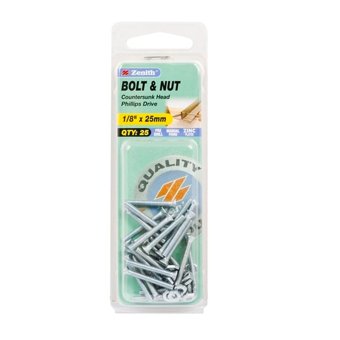Zenith 1/8" x 25mm Zinc Plated Countersunk Head Bolt And Nut - 25 Pack