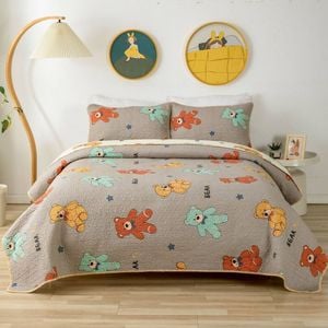 Bloomington Teddy Bears 100% Cotton Lightly Quilted Reversible Coverlet Set Single