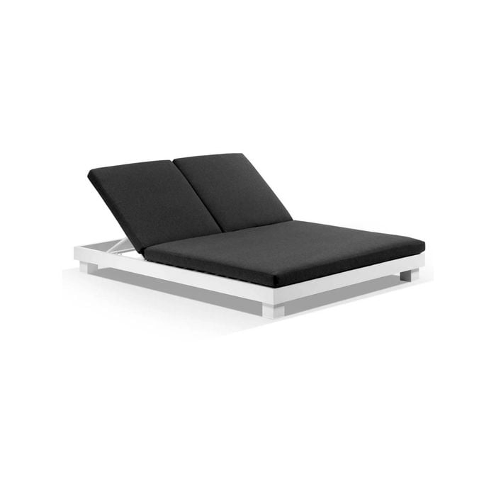 Outdoor Santorini Aluminium Double Sun Lounge In White-White With Denim Grey - White Aluminium with Denim Grey Cushions