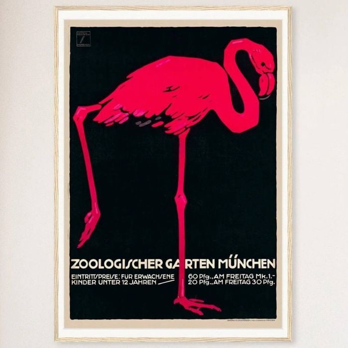 Galrie Munich Zoo Vintage Pink Flamingo Poster by Ludwig Holhwein for Home Decor, Wood Frame, A1 60 x 84cm (23 x 33inch)