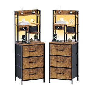 Ufurniture 2 Pcs LED Nightstand with Charging Station, 3 Drawers, 4 Shelves, Black/Brown