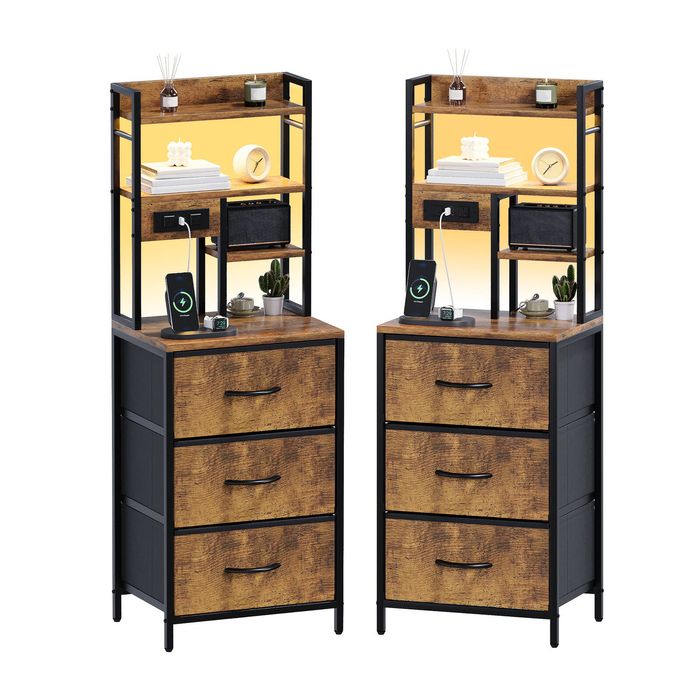 Ufurniture 2 Pcs LED Nightstand with Charging Station, 3 Drawers, 4 Shelves, Black/Brown