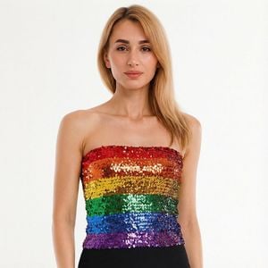 Wos SEQUIN BANDEAU CROP TOP Sparkling Sparkly Costume Tube Rainbow