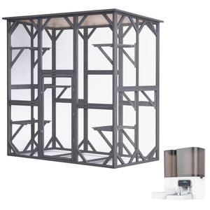 Advwin Walk In Wooden Cat Cage Enclosure + 2-in-1 4.5L Automatic Pet Feeder & 3.5L Pet Water Fountain