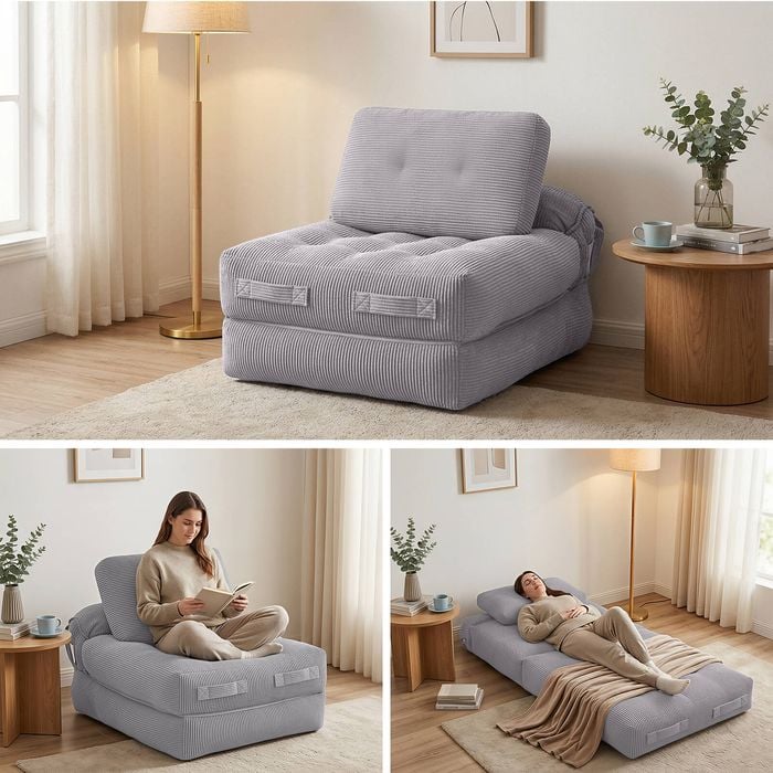 Homfurn 1 Seater Corduroy Convertible Sofa Bed – Pull Out Boneless Couch, Grey, Space-saving Design