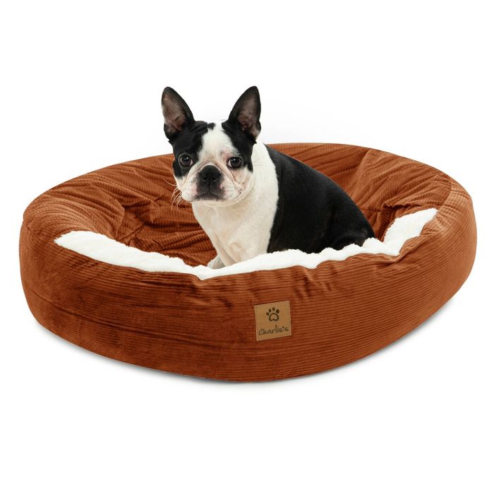 Charlie's Snookie Hooded Corduroy Calming Dog Bed Terracotta Large