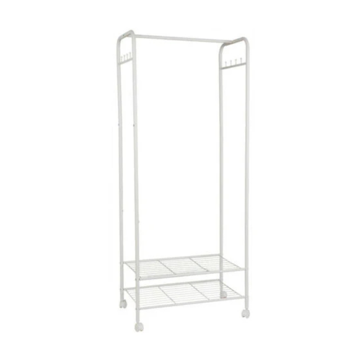 P&P White Metal Rolling Clothes Rack With Dual Wire Shelves