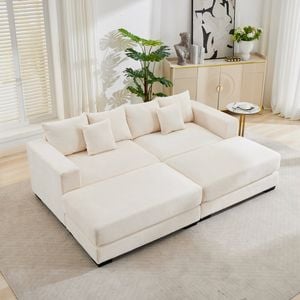 Homfurn 231cm Oversized 2 Seater Sofa with Chaise, Corduroy Couches with 2 Ottoman, 2 Seater Modern Deep Seat Sofa with Pillows