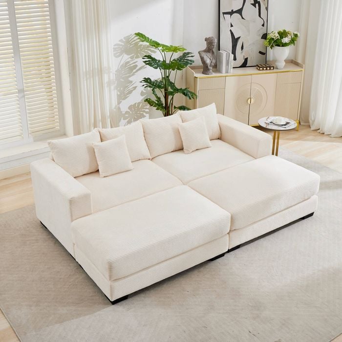 Homfurn 231cm Oversized 2 Seater Sofa with Chaise, Corduroy Couches with 2 Ottoman, 2 Seater Modern Deep Seat Sofa with Pillows