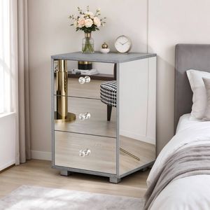Advwin Mirrored Bedside Table 3 Drawers Mirror Side Table Nightstand Storage Caninet