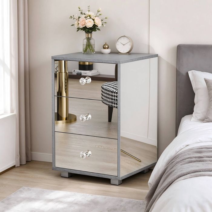 Advwin Mirrored Bedside Table 3 Drawers Mirror Side Table Nightstand Storage Caninet