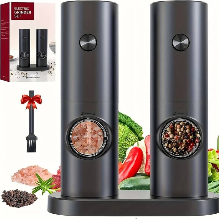 Set of 2 Electric Salt & Pepper Grinder Set Black Adjustable Coarse/Fine LED Light Battery Operated