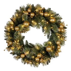 Christabelle 61cm Christmas Wreath Glittery with LED Lights Golden Baubles Front Door Decoration Ornament