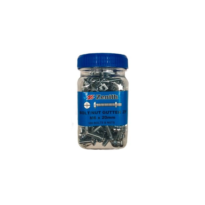Zenith M6 x 20mm Zinc Plated Bolt And Nut Gutter - 100 Pack
