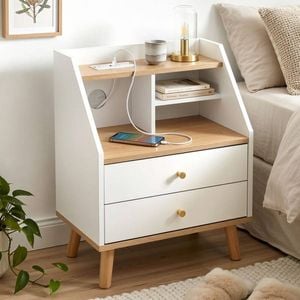HOMFURN 2-Drawer Bedside Table with Charging Station – 3 Open Shelves, Pine Wood Legs, White & Pine