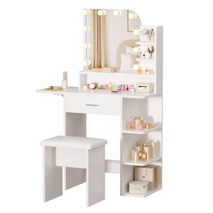 Advwin Dressing Table Set LED Lighted Mirror Flip Desktop and Drawers White