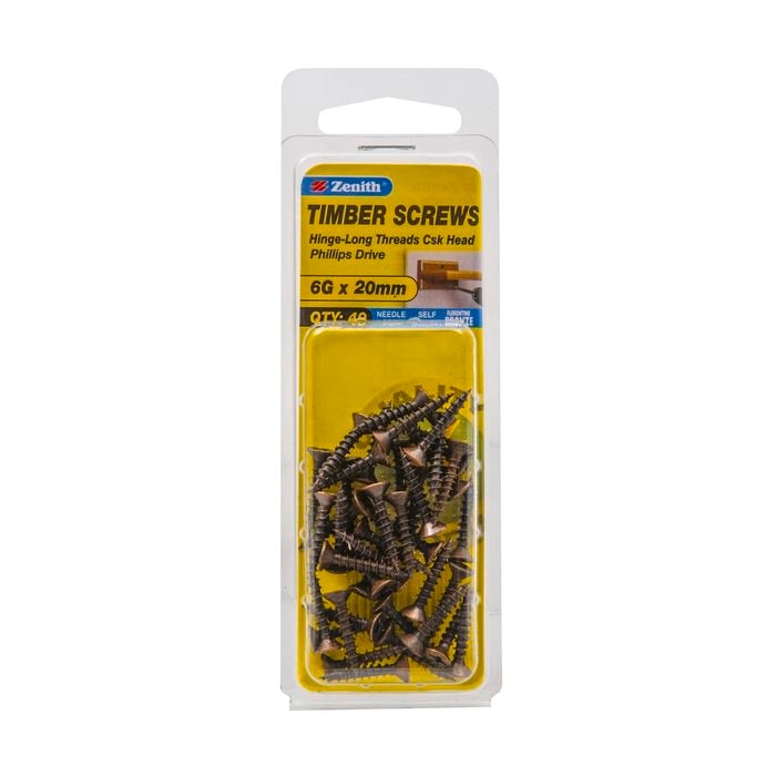 Zenith 6g x 20mm Hinge-long Thread Timber Screws - 40 Pack