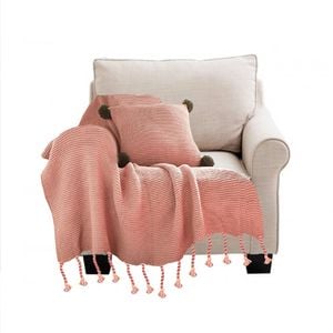 SOGA Pink Knitted Throw Blanket with Tassel Fringe