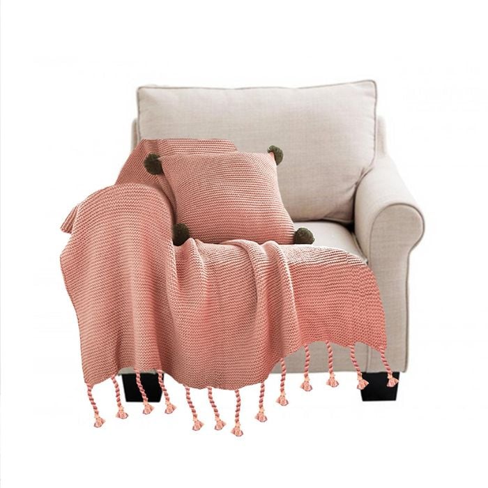 SOGA Pink Knitted Throw Blanket with Tassel Fringe