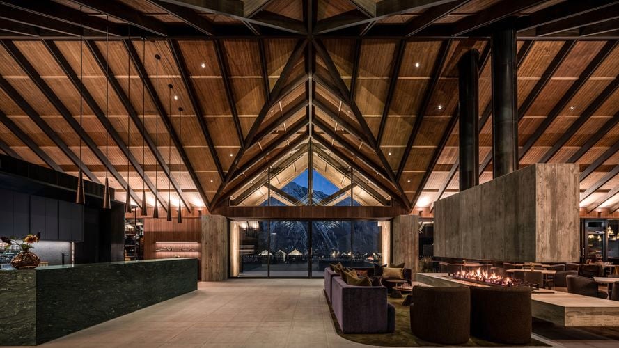 Exposed rafters in resturant