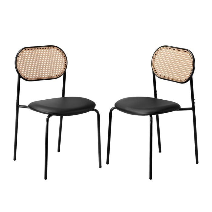 Oikiture 2PCS Dining Chair Rattan Chairs PU Leather Black