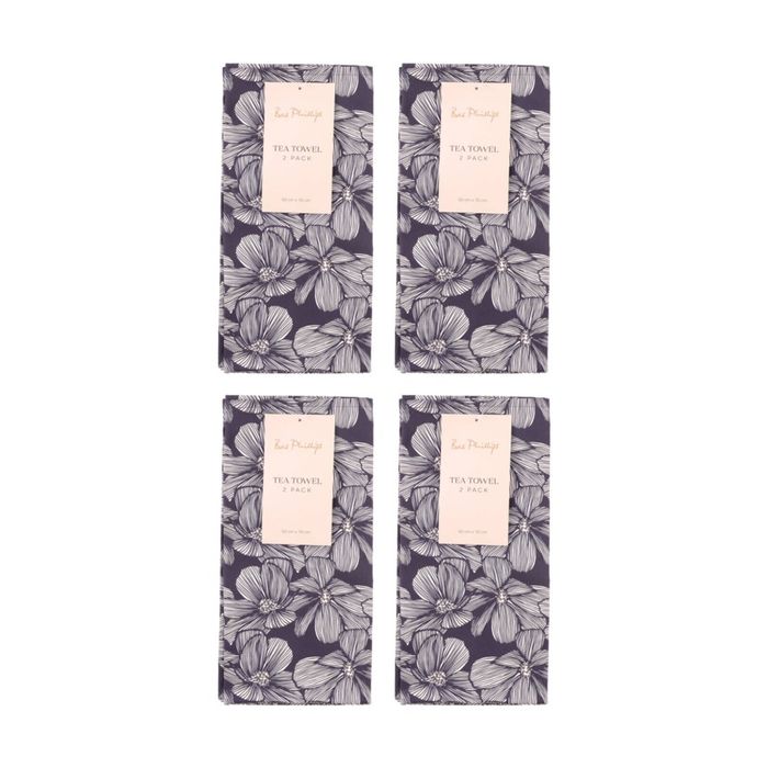 4x 2pc Bas Phillips Printed Linen Looks Tea Towel Set Cotton Blue Flowers