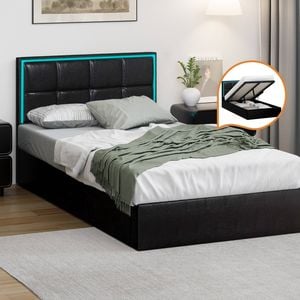 Oikiture Bed Frame RGB LED Gas Lift King Single Black