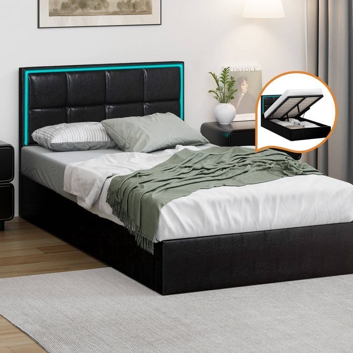 Oikiture Bed Frame RGB LED Gas Lift King Single Black