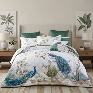 Bianca Priya White/Blue Peacock Floral Print Quilted Bedspread Set King