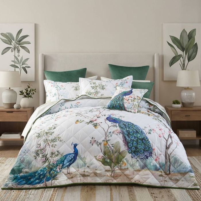 Bianca Priya White/Blue Peacock Floral Print Quilted Bedspread Set King