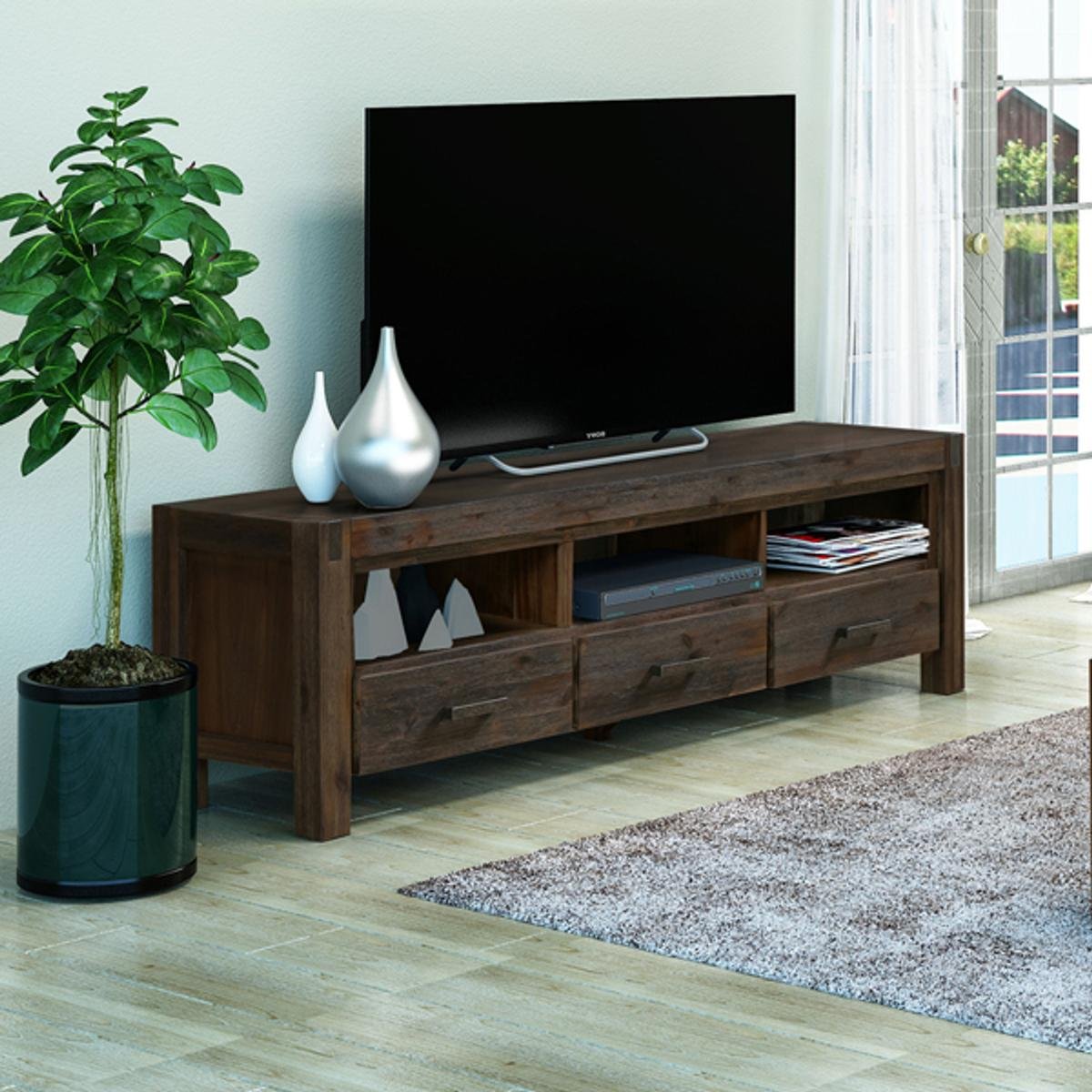 TV Cabinet with 3 Storage Drawers with Shelf Solid Acacia Wooden Frame Entertainment Unit in Chocolate Colour Bunnings Australia